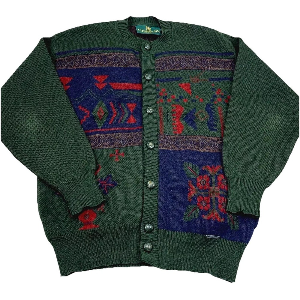 Giesswein Sweater Men Medium‎ Green Blue Cardigan Wool Aztec Colorblock Adult *